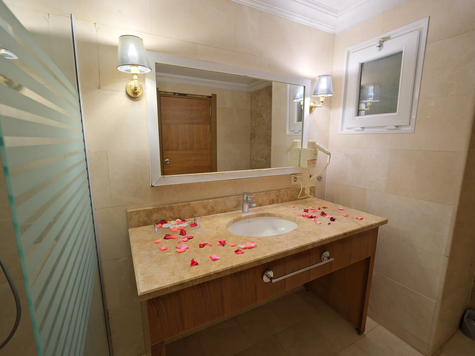 Bahçe Suit banyosunda lavabo, ayna ve duş alanı